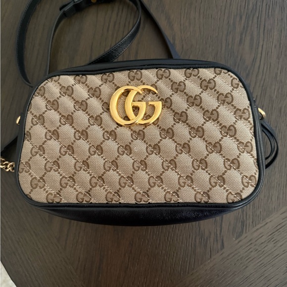 Gucci Handbags - Gucci Beige GG Monogram Crossbody with Black Trim and Gold Hardware